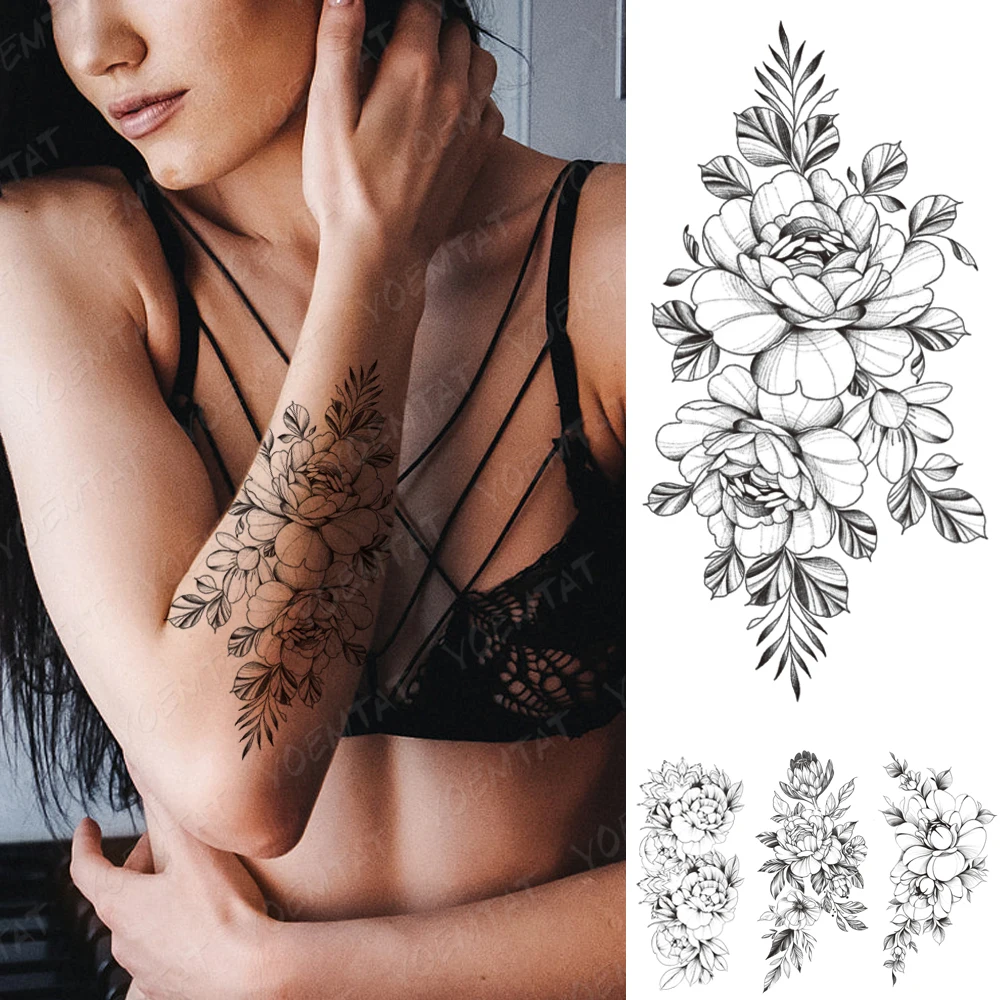 

Waterproof Temporary Tattoo Stickers Peony Plum Blossom Black Flash Tattoos Female Minimalist Line Body Art Arm Fake Tatto Women