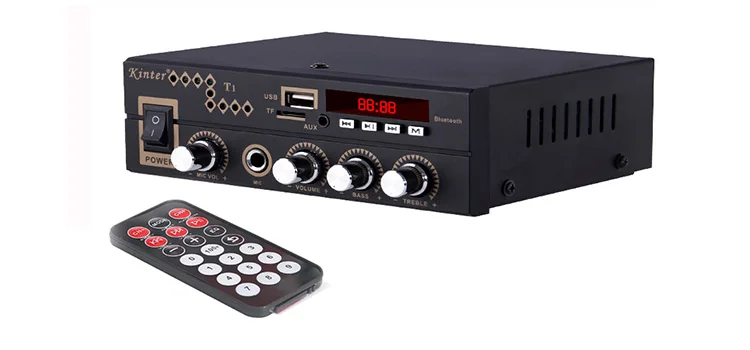 Kinter T1 мини усилитель аудио hi-fi стерео звук AC мощность DC 12 В с AUX TF USB MIC вход дистанционное управление супер бас высокие частоты
