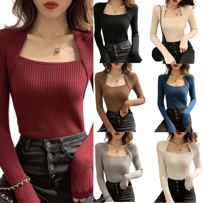 

Женский трикотажный свитер в рубчик, короткий облегающий однотонный джемпер с длинным рукавом и квадратным вырезом, 2021