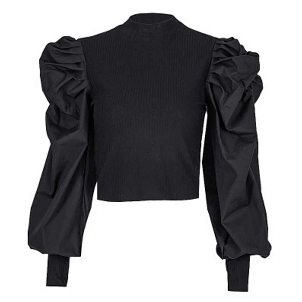 2019 Осенняя женская новая блузка с рукавами-фонариками и рюшами винтажные вязаные