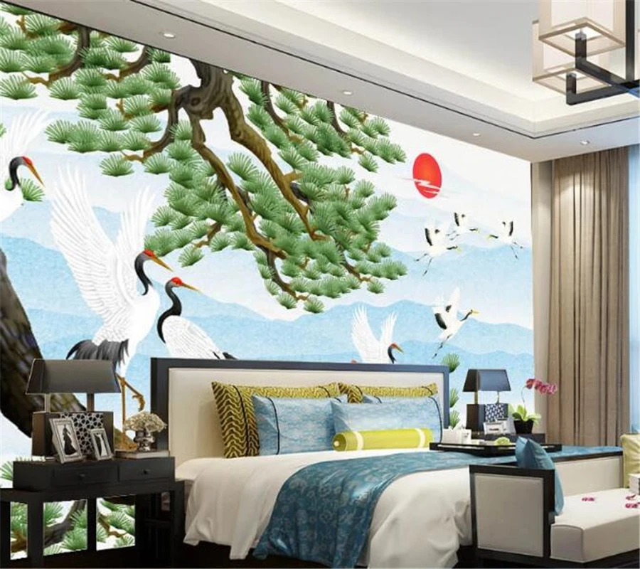 wellyu Customized large-scale mural environmental protection new Chinese style cloud in white crane TV background wallpaper |