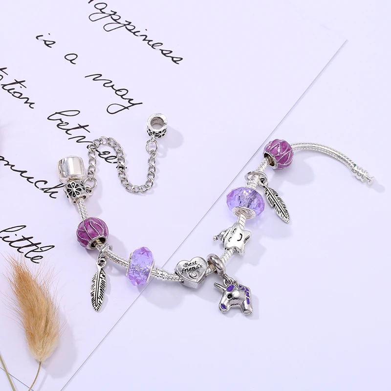 

Buipoey Silver Plated Feather Unicorn Dangle Charm Bracelets For Women Girls Original Purple Crystal Beads Bangle Children Gift