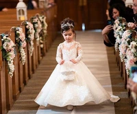 full sleeve beige lace flower girls dresses for wedding button back bow knot long holy first communion dress floor length