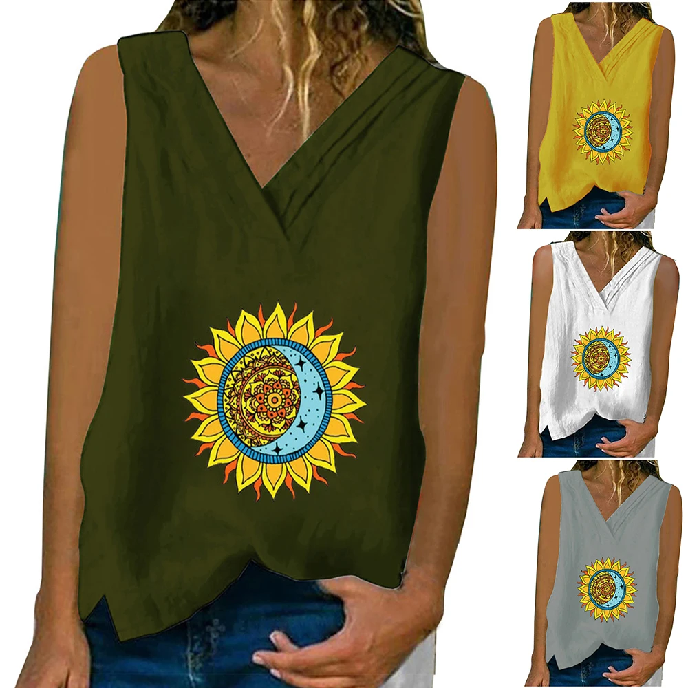 

Womens Casual Summer Vest Fashion V-Neck Sleeveless TopsT-Shirt Vintage Flower Print Casual Fashion Tanks Plus Size
