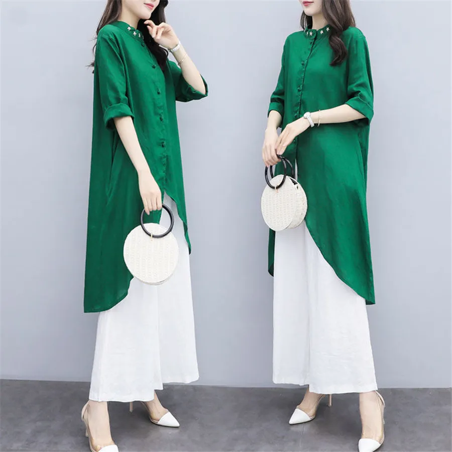 Женский комплект из двух предметов элегантная свободная Длинная блузка хлопка и