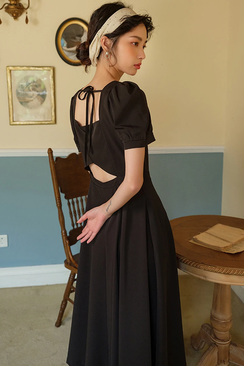 

French retro care dress summer 2021 new small waist slim temperament long black skirt