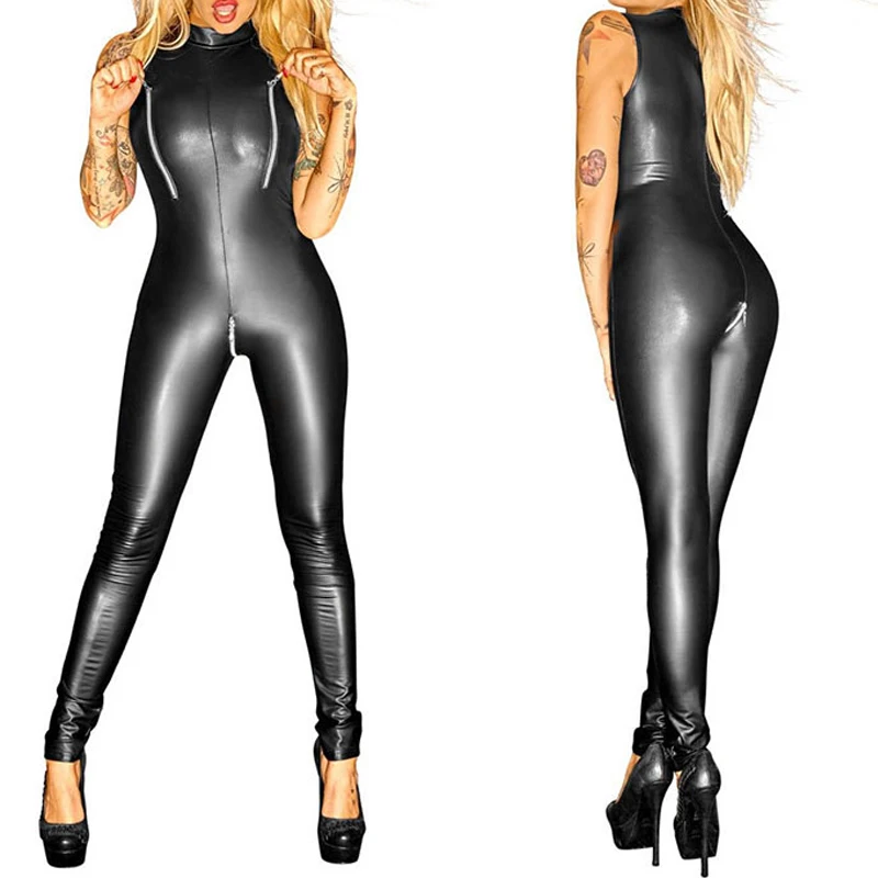 

Боди женское из искусственной кожи, с молнией спереди и открытой промежностью