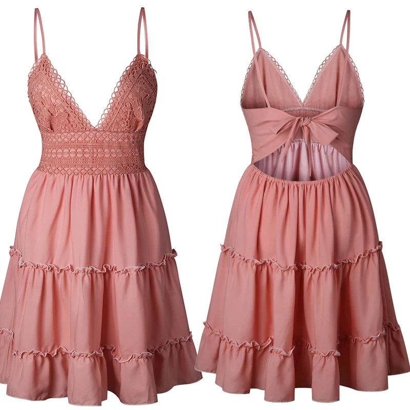 

5XL Summer Women Lace Halter Dress Sexy V-neck Backless Beach Dresses Sleeveless Spaghetti Strap Casual Boho Mini Sundress 2020