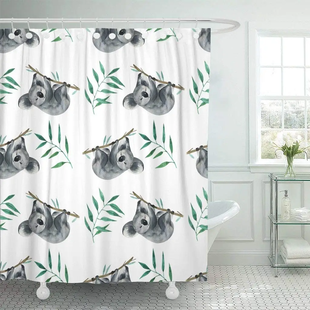 Занавеска для душа с крючками зеленая австралийская дикая акварельная ручная