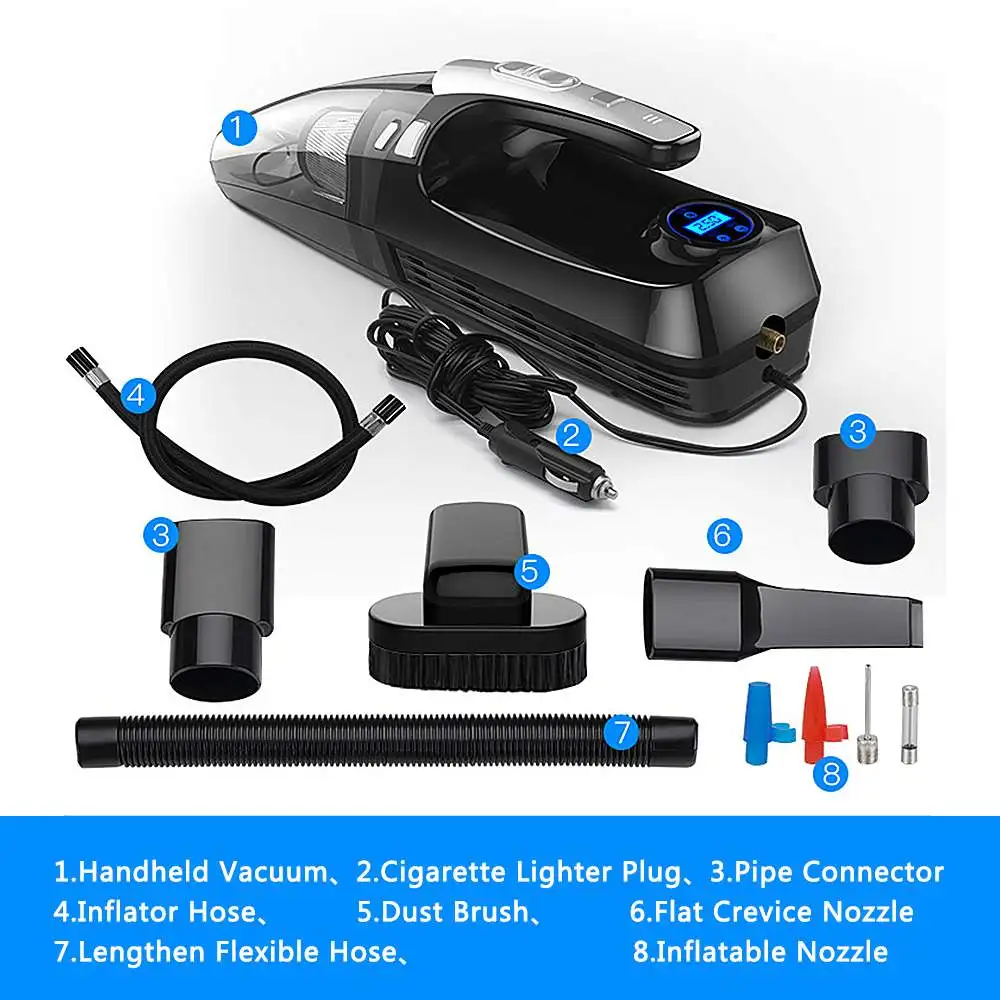 

4-in-1 5000mPA 120W 12V Portable Car Wet/Dry Auto Vacuum Cleaner with Smart Digital Tire Inflator Pump Pressure Gauge LED Light