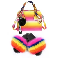 women shoes real fox fur slides and jelly purse set exquisite handbag furry sandals ladies party shoes big fur slides with bags