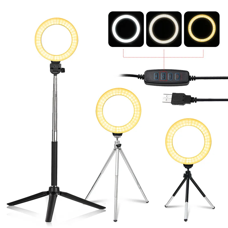 Mini LED Desktop Video Ring Light Selfie Lamp With Tripod Stand 6inch USB Plug Table Lamp For Make TikTok Youtube Makeup Video