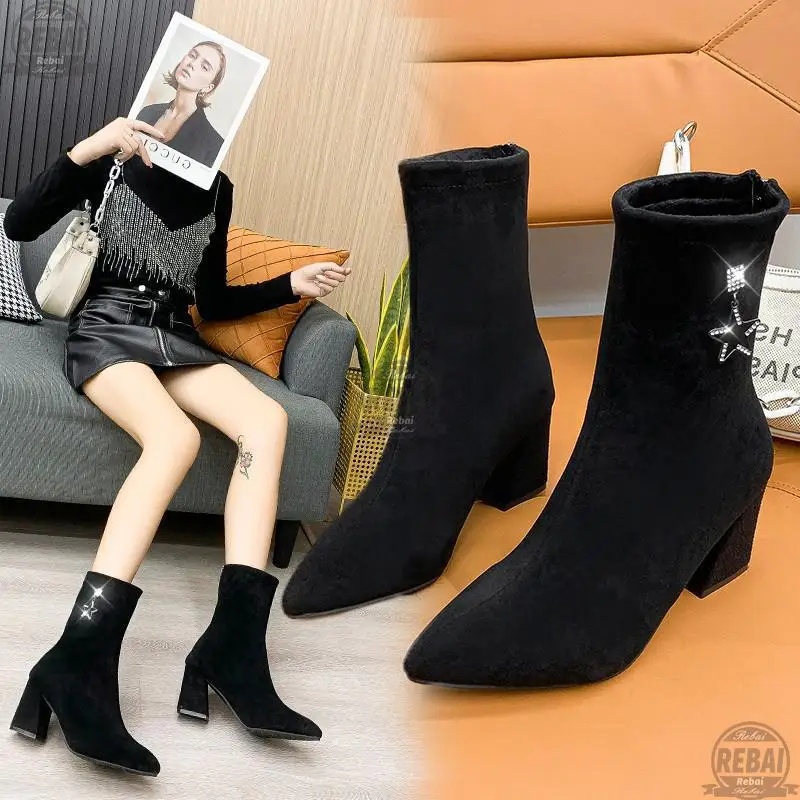

2021 New Brand Women Short Boots Shoes Fashion Thin Low Heel Pointed Toe Ladies Mid-Calf Boots Suede Slip On Chelsea Boots 35-43