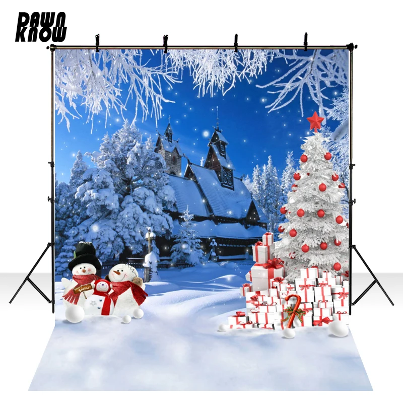 

DAWNKNOW Рождественская елка Виниловый фон для фотосъемки с изображением Snowscape дом Снеговик полиэфирный фон для детей фото студия 877