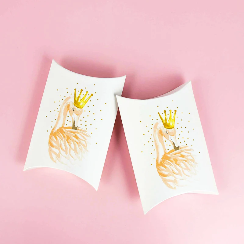 

10pcs Feather Swan Pillow Shape Paper Box Flamingo Gift Box Packaging Biscuit Cookie Candy Box For Birthday Wedding Party Decor