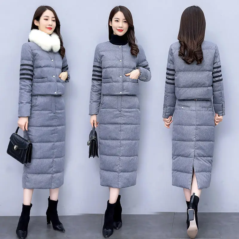 Fashion Two Piece Outfits Women Long-Sleeved Coat and Long Skirt Sets Winter Parka Ladies Solid Thick Casual Suit Set X20