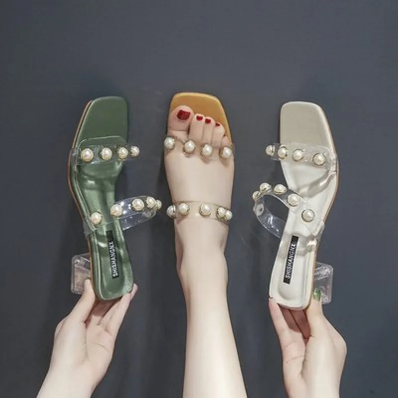 

Summer fashion crystal heel sandals Korean version of the new pearl belt transparent high-heeled women's shoes
