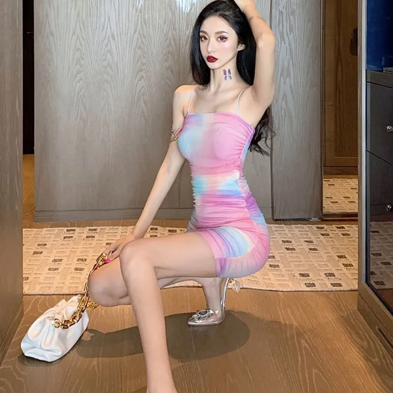 

Women Tie-dye Sling Mini Dress Sexy Tight Backless Rainbow Color Clubwear Ladies Vestidos 2021 Summer Wholesale Clothing