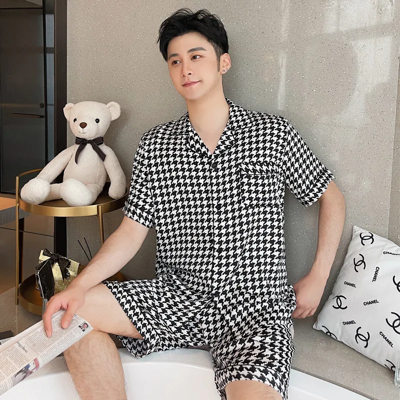 

Plaid Men 2PCS Pajamas Suit Satin Casual Nightwear Summer New Short Sleeve Sleep Set Homewear With Pocket Home Clothing