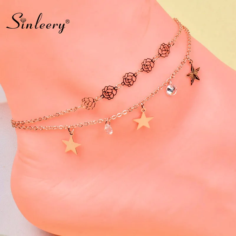 

SINLEERY boho Hollow Flower Crystal Stars Pendants 2 Layers anklets bijoux femme accessoire plage femme summer jewelry JL011 SSK