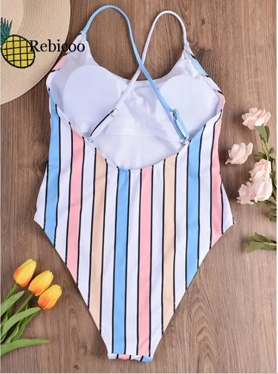 

Rebicoo Sexy One Piece Swimsuit Women Swimwear Push Up Monokini Striped Bathing Suit Female Beachwear Swim Wear Beach Summer