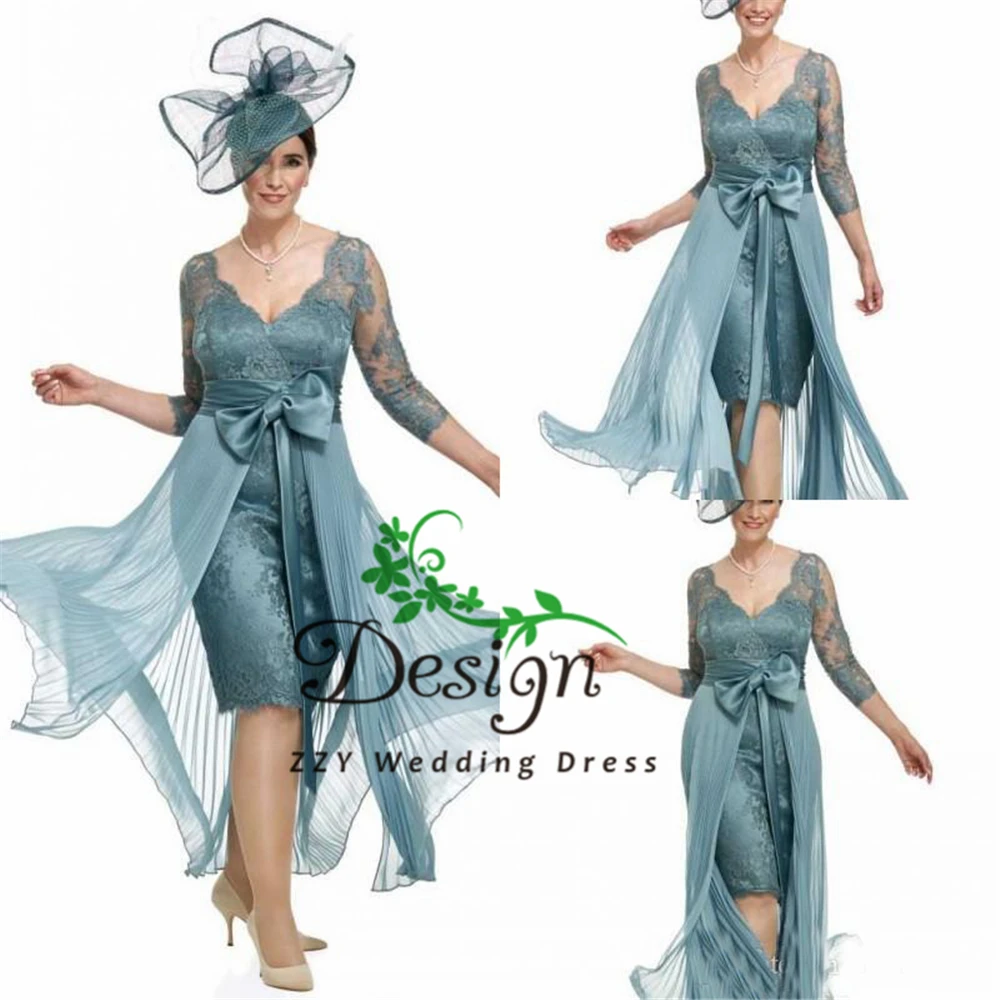 

Gray Vestido De Noiva Simples Evening Desses Sheath 3/4 Sleeves Lace Short Knee-Length Sash Custom-Made Mother The Brides Dresse