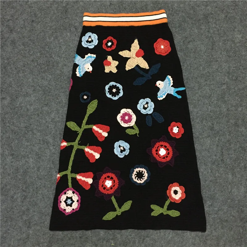 Женская трикотажная длинная юбка миди с 3D цветами зимние юбки высокой талией