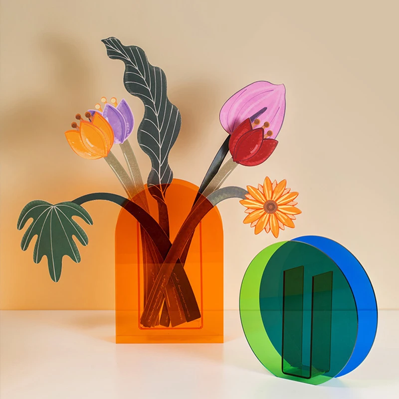 

Rainbow Color Acrylic Vases Floral Container Decorative Shop Design Wedding Party Home Office Decoration