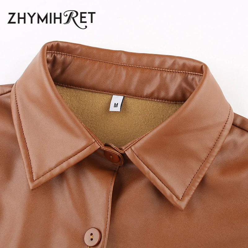 

ZHYMIHRET 2020 Autumn Winter PU Leather Blouse Women Button Puff Sleeve Shirt Streetwear Causal Turn-down Collar Blusas Feminina