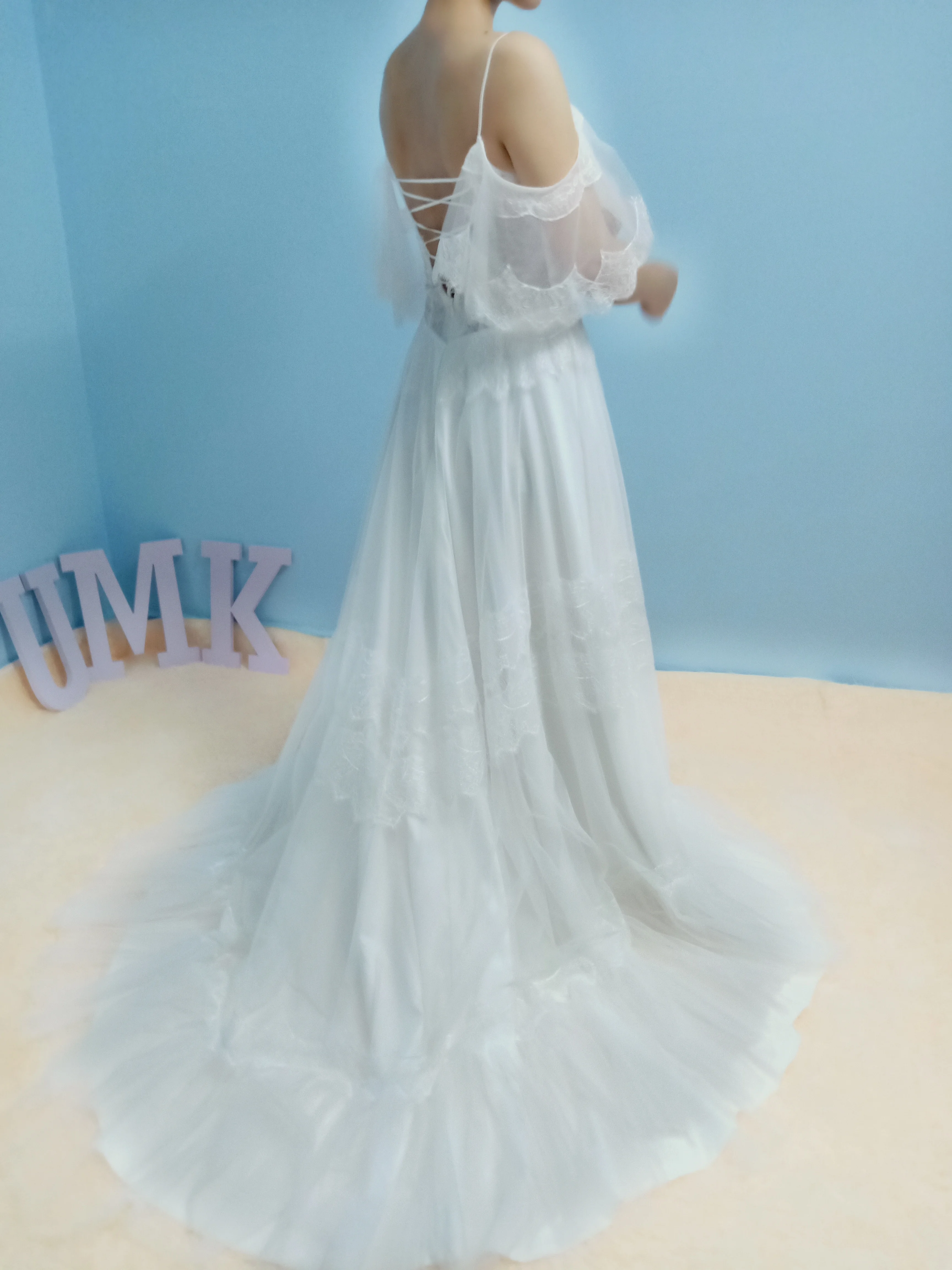 UMK Sexy Backless Lace-up Boho Wedding Dress V Neck Spaghetti straps Ruffles Sleeve A-Line Lace Bridal Gowns | Свадьбы и торжества