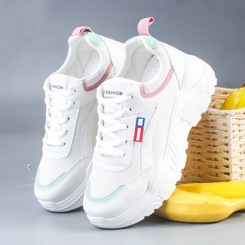 Zapatos mujer casuales nueva moda transpirable encaje, экокожа(полиуретан), Mujer zapatos; Сезон Зима; Zapatillas cuñas sólidas mujeres Zapatillas Zapatos - Цвет: Розовый