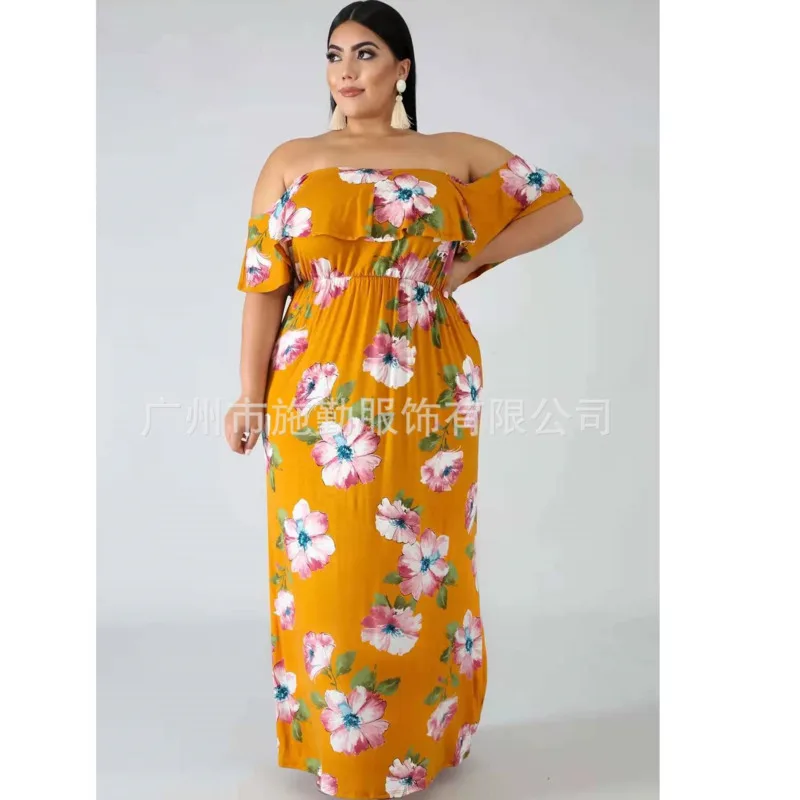 

Plus Size Women's Dress Elegant One Shoulder Neck Bohemian Elastic Waist Long Office Ladies Vintage Basic Woman Flower Dress