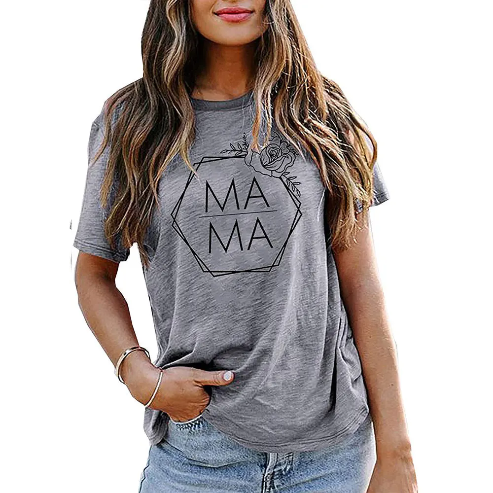 

Carney women's top Mama letter rose print round neck short sleeve T-shirt