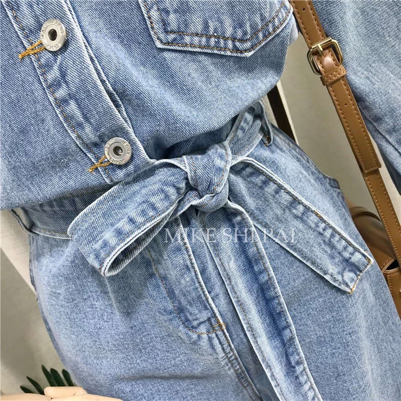 

2020 New Korean Solid Color Loose Denim Jumpsuit Cowboy Pants Women's Spring Long Sleeve Full Length Playsuit Rompers