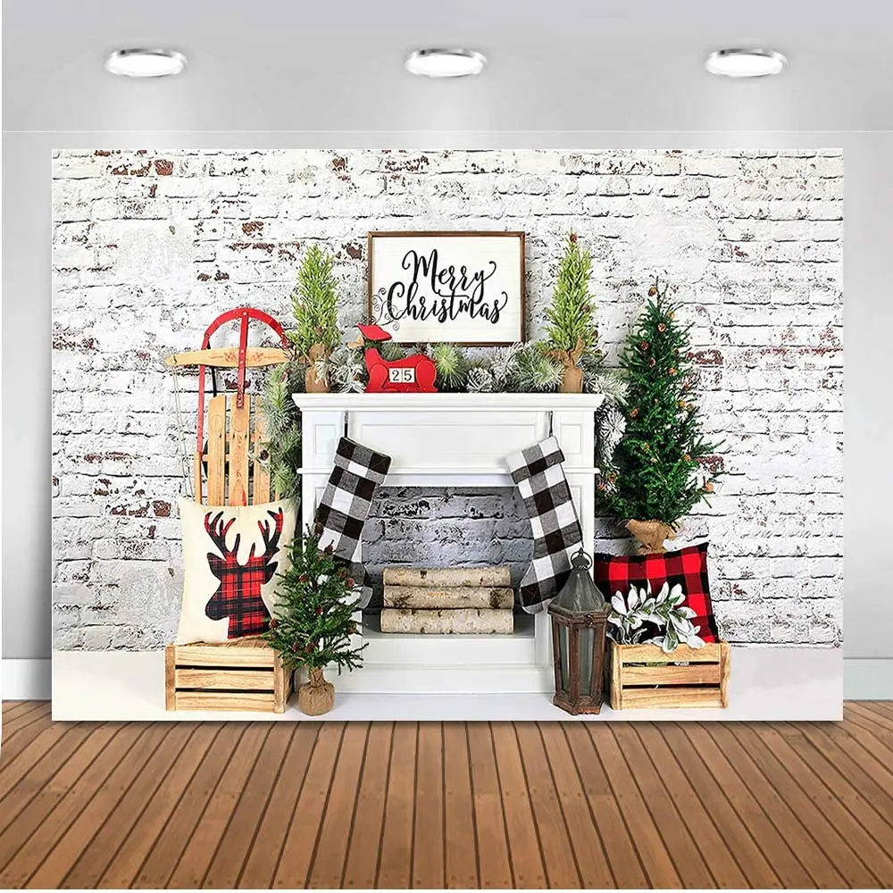 

Merry Christmas Backdrop Vinyl Christmas Tree Socks Fireplace Photo Studio Xmas Party Photography Background For Pictures