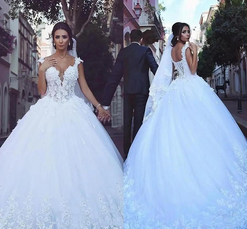 

New Lace Appliques A-Line Wedding Dresses Beaded Bridal Gowns 2020 3D Flowers Long Vestidos De Mariee Middle East Style