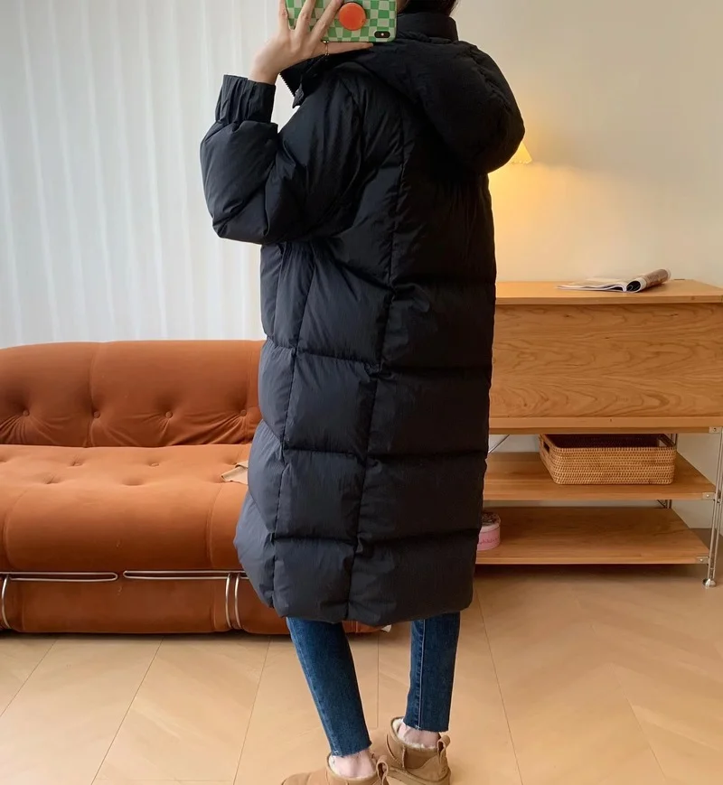 Down Jacket Lengthened Thickened Winter New Stand-collar Hooded Solid Color Jacket Lazy Style Women
