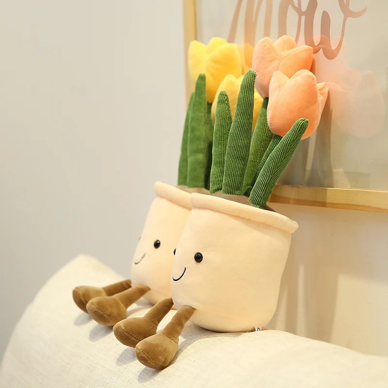 

35cm 1 Pc Smiling Stuffed Tulip Decoration Soft Colorful Flowers Plush Plants With Legs Doll For Home Room Children Gift