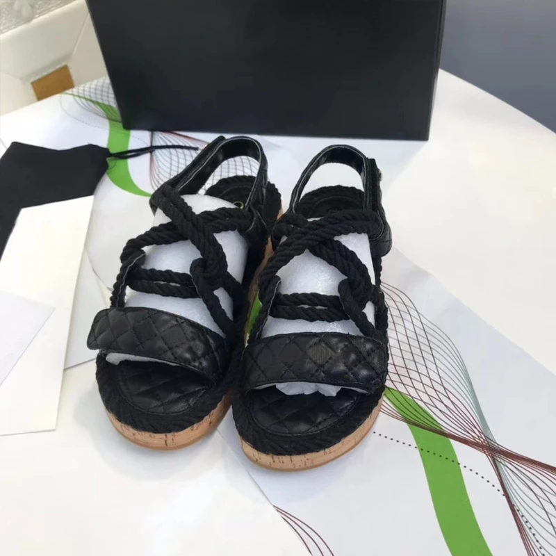 

Leather female new slippers fashion braided rope wood grain sole sandals and slippers leisure beach outdoor open-toed sandals