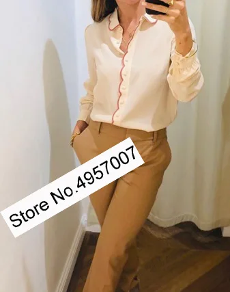 Elfbop Женская шелковая блузка с лацканами рубашка контрастной вышивкой стильная