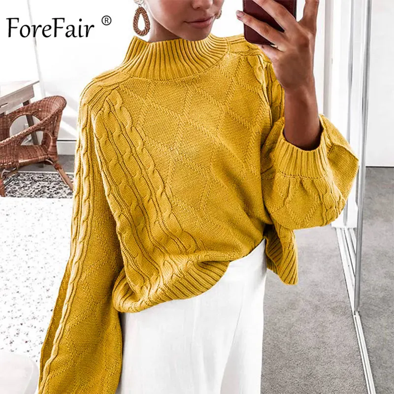 Yellow Sweater Forefair, Зимний вязаный свитер с высоким воротом, женский, осень, рукав-фонарик, размера плюс, однотонный джемпер, повседневные пуловеры оверсайз - Цвет: Yellow Sweater