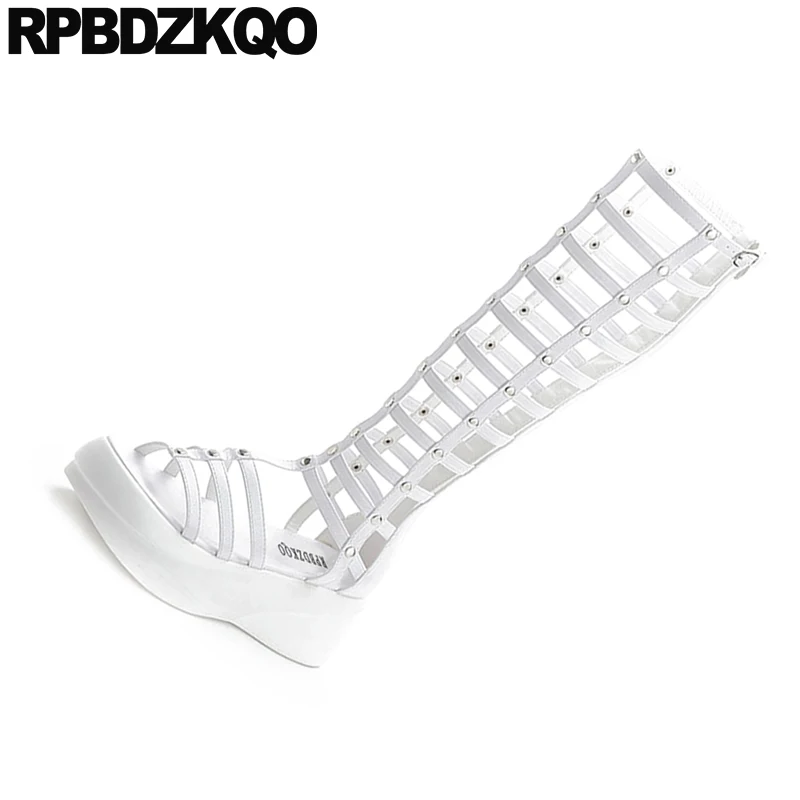 Женские ботинки с открытым носком белые гладиаторы на платформе высокий каблук