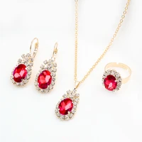 trendy party gift gold color oval crystal earrings necklace adjustable rings bridal jewelry sets for women