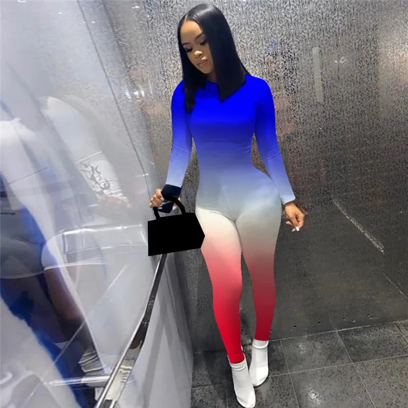 

Women Gradient Print Long Sleeve Bodycon Jumpsuit Bandage Skinny Jumpsuit Streetwear Autumn Winter Romper Outfits 2020 New SALE