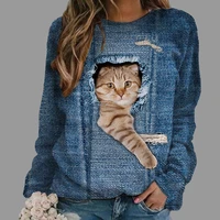 street fashion imitation denim coat women tracksuit 3d cat print sweatshirt female hip hop loose long sleeve top pullover s xxl