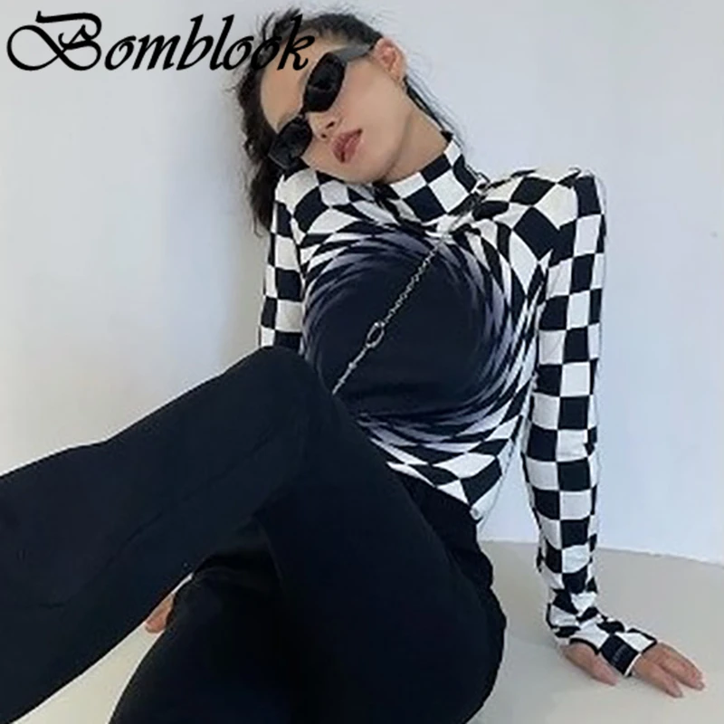 Женская водолазка с длинным рукавом и шахматным принтом | одежда