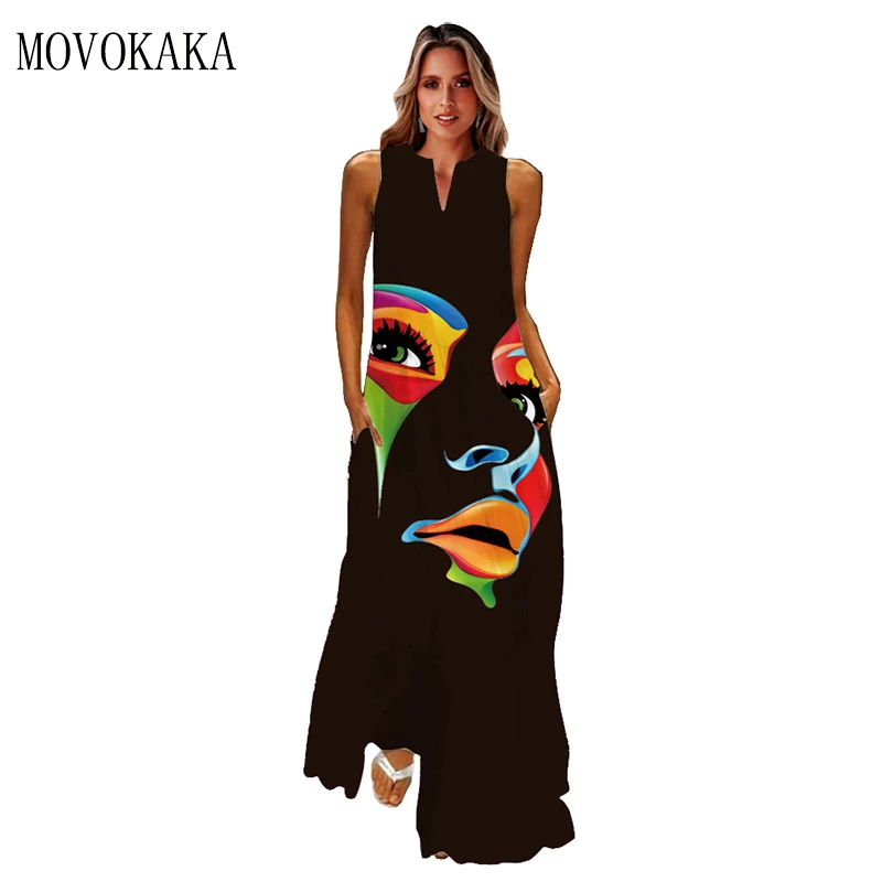 MOVOKAKA Human Face Printed Black Dress 2022 Elegant Casual Vintage Dresses Woman...