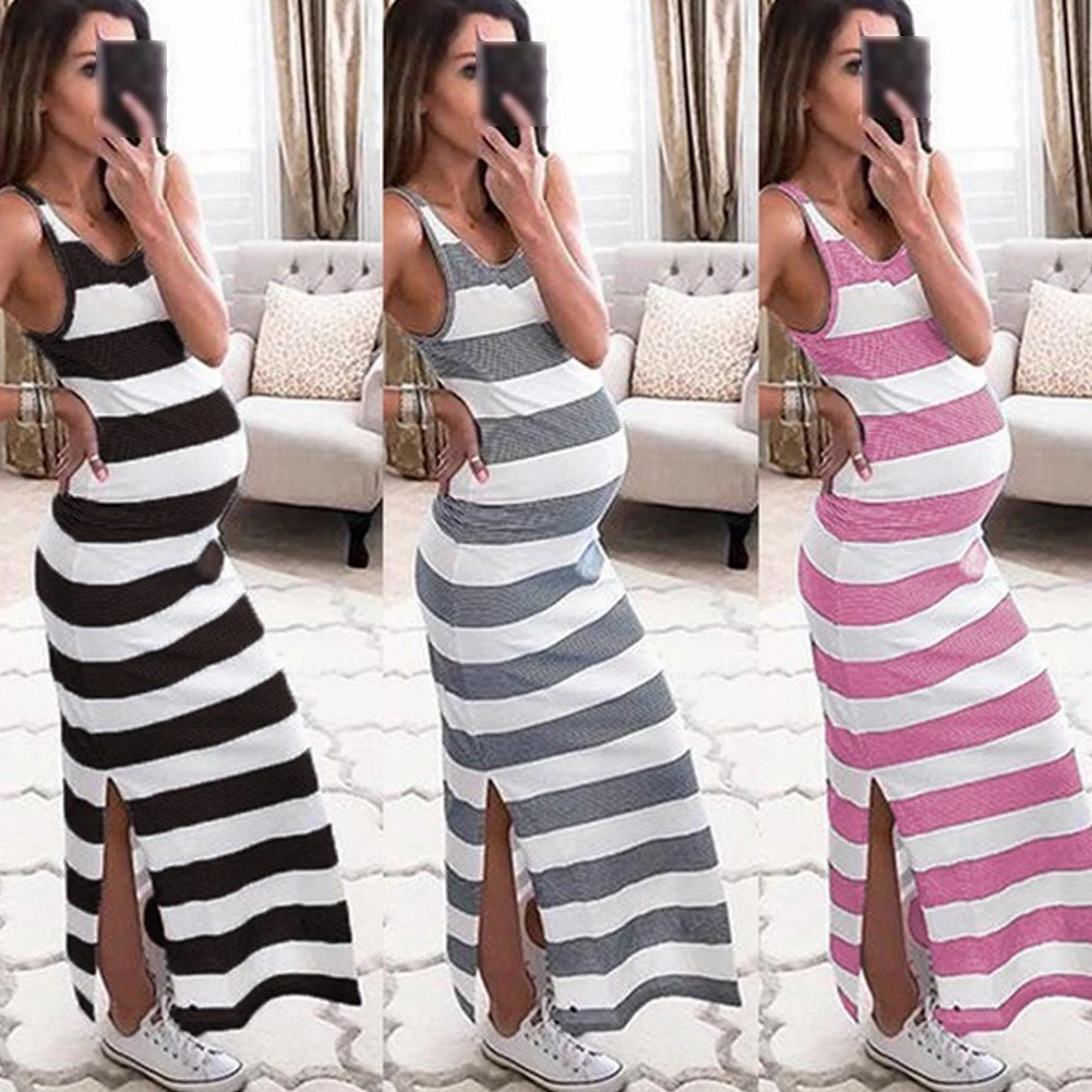 

Women Shopping Cotton Blend Long Sleeveless Sexy Stripe Soft O Neck Summer Casual Maternity Dress Daily Split