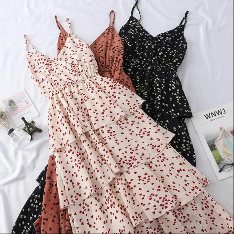 

20211 New Summer Sweet Heart Print Spaghetti Strap Dress Women Slim V-Neck Beach Long Dresses Sleeveless Sundress Party