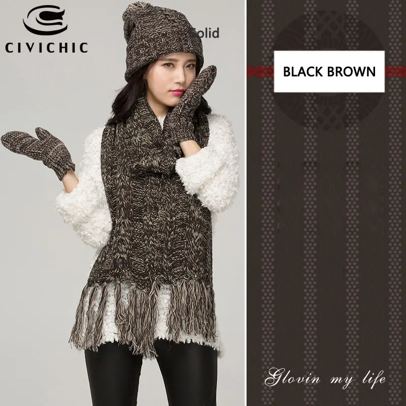 Black Brown Шикарный женский вязаный шарф, шапка, перчатки из флиса и бархата, комплект из 3 предметов, осенний зимний головной убор, теплый помпон Skullies Beanies, грелка для шеи SH120 - Цвет: Black Brown